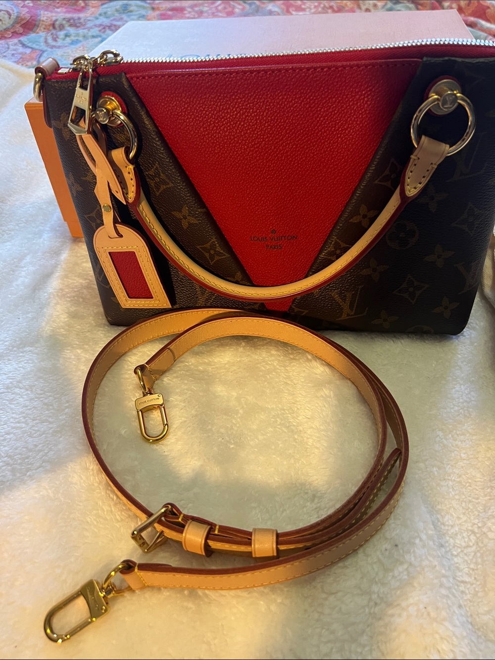 Louis Vuitton Red & Monogram V-Front Shoulder Bag with Tan Strap
